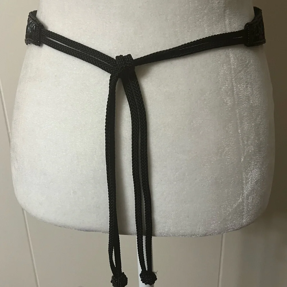 Vintage beaded belt cummerbund style black navy gold ties in back EUC